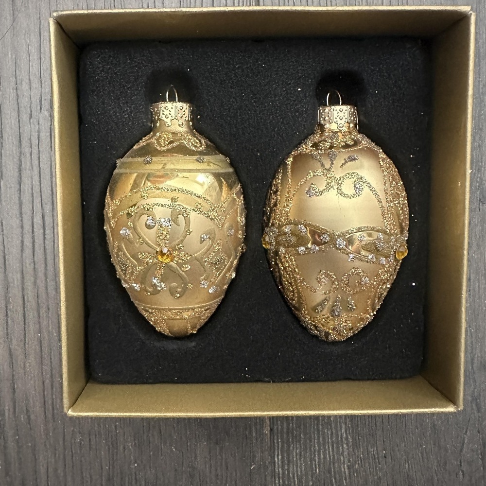 VTG Celebrate It Set Of 2 Small Gold Glass Egg Bauble Ornaments Christmas Decor